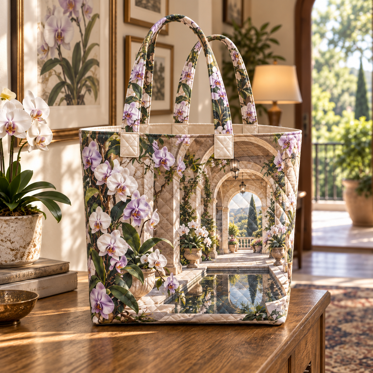 Orchid Gallery Atrium Quilted Tote Bag with flat printed orchid courtyard artwork