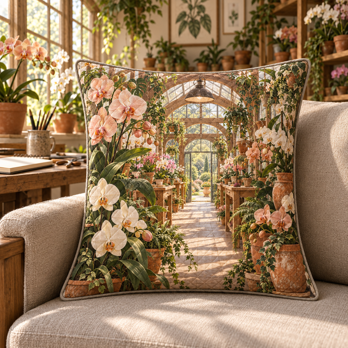 Orchid Studio Conservatory Quilted Cushion Cover with flat printed orchid courtyard artwork