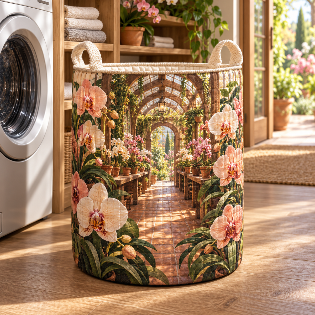 Orchid Studio Conservatory Laundry Hamper with flat printed orchid courtyard artwork