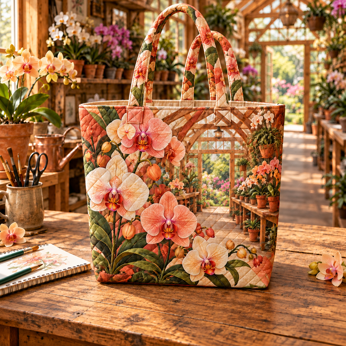 Orchid Studio Conservatory Quilted Tote Bag with flat printed orchid courtyard artwork