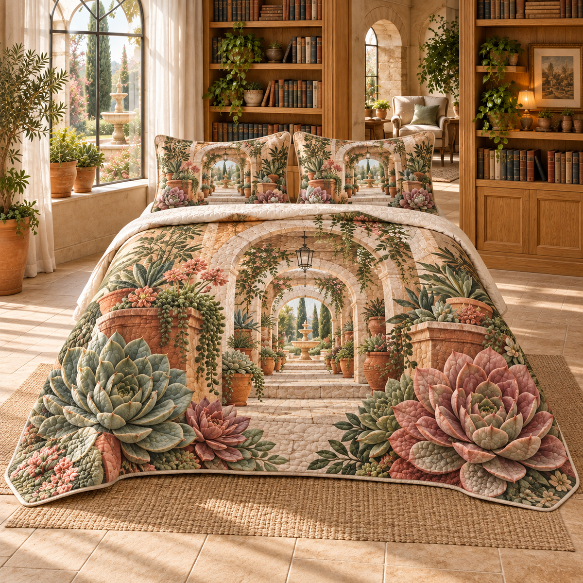 Succulent Reading Atrium Quilted Bedding Set with flat printed succulent reading atrium artwork