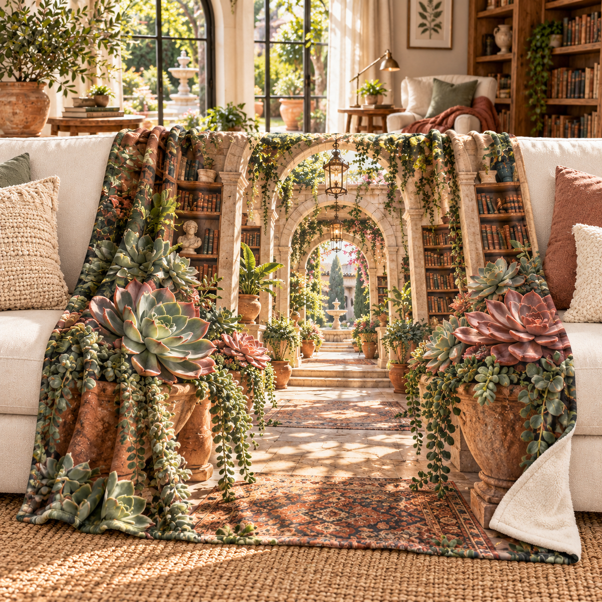 Succulent Reading Atrium Sherpa & Fleece Blanket with flat printed succulent reading atrium artwork