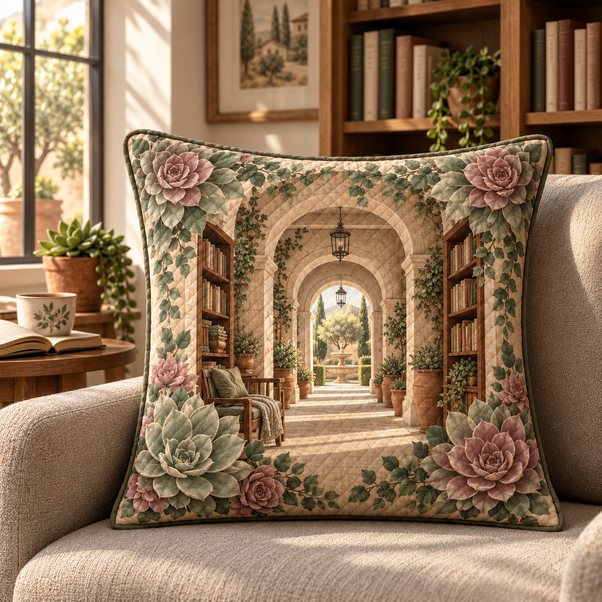 Succulent Reading Atrium Quilted Cushion Cover with flat printed succulent reading atrium artwork
