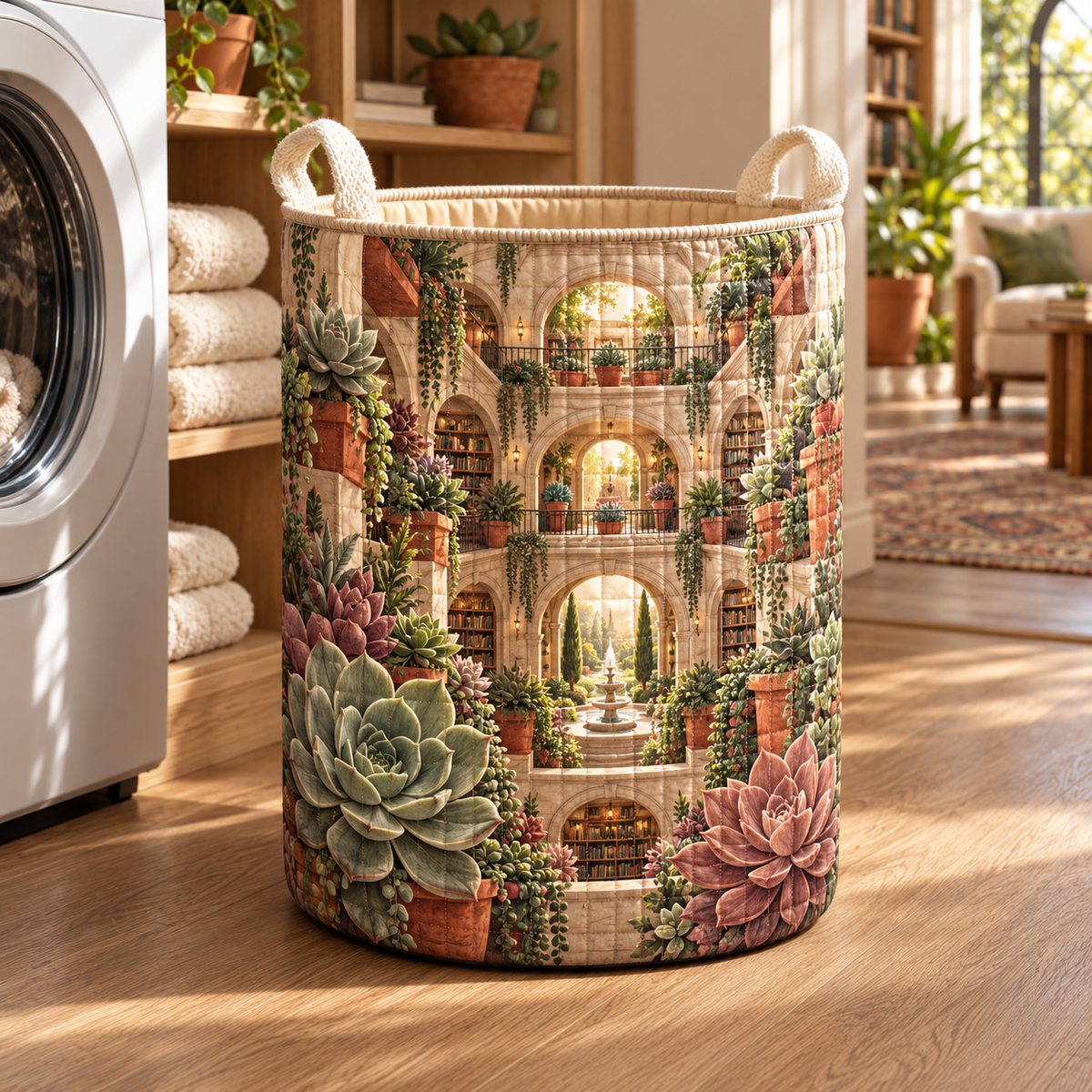 Succulent Reading Atrium Laundry Hamper with flat printed succulent reading atrium artwork
