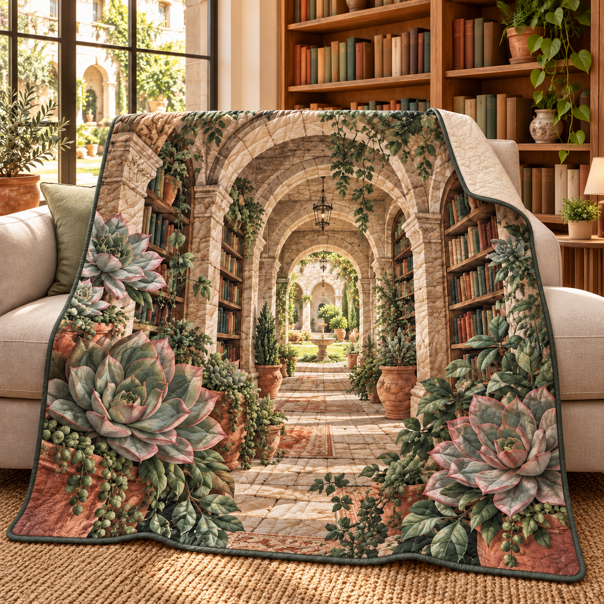 Succulent Reading Atrium Quilt Blanket with flat printed succulent reading atrium artwork