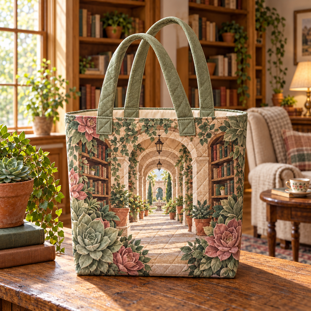 Succulent Reading Atrium Quilted Tote Bag with flat printed succulent reading atrium artwork