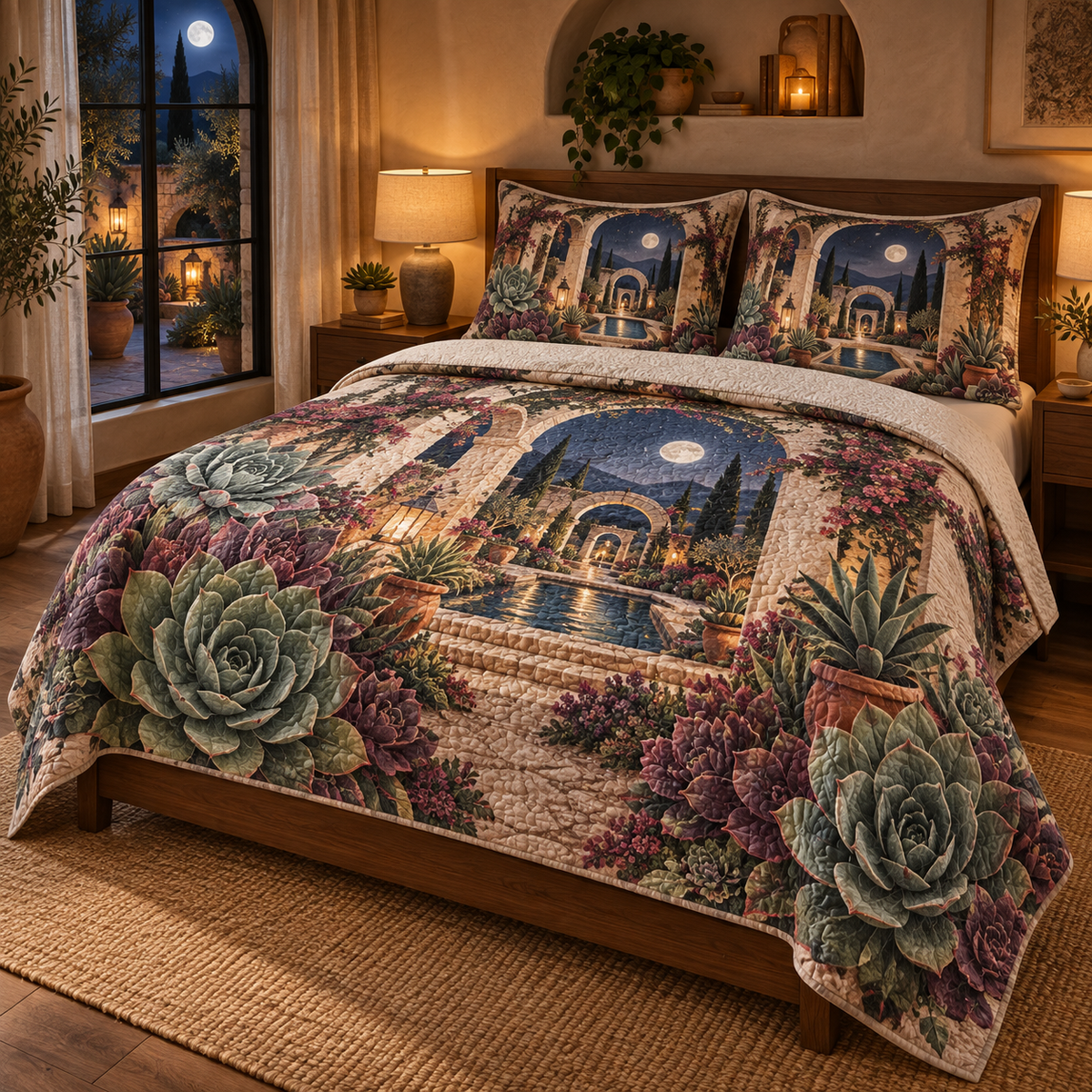 Succulent Moonlit Sanctuary Quilted Bedding Set with flat printed succulent moonlit sanctuary artwork