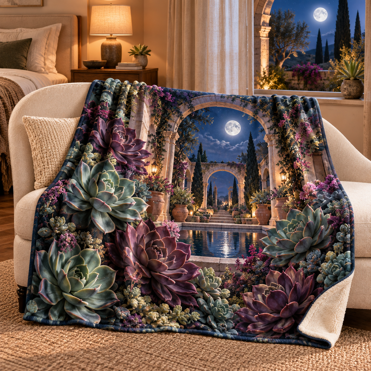 Succulent Moonlit Sanctuary Sherpa & Fleece Blanket with flat printed succulent moonlit sanctuary artwork