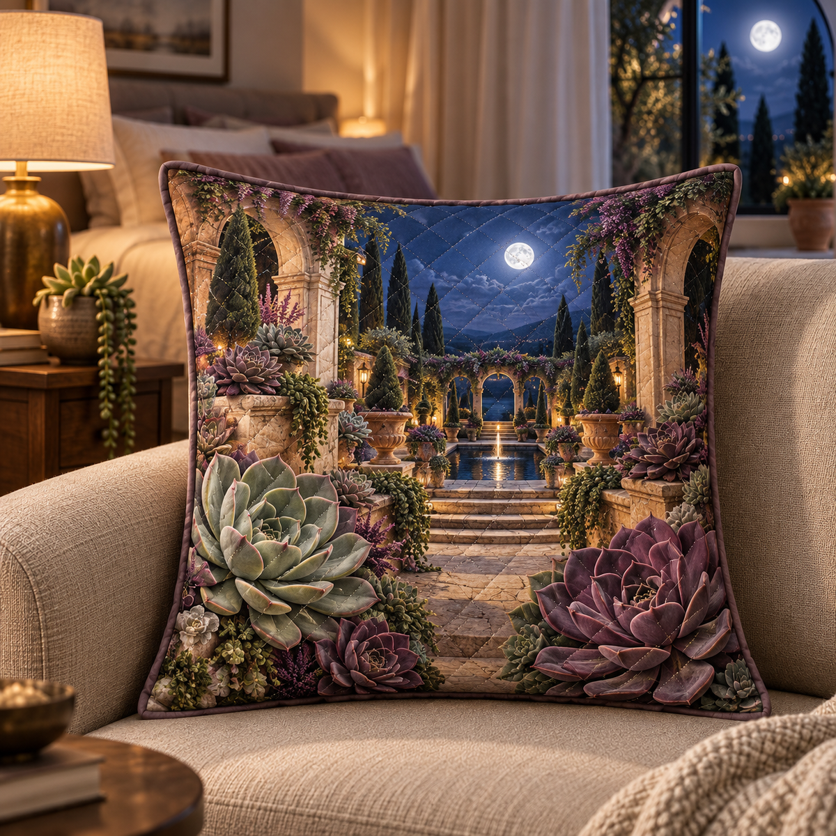 Succulent Moonlit Sanctuary Quilted Cushion Cover with flat printed succulent moonlit sanctuary artwork