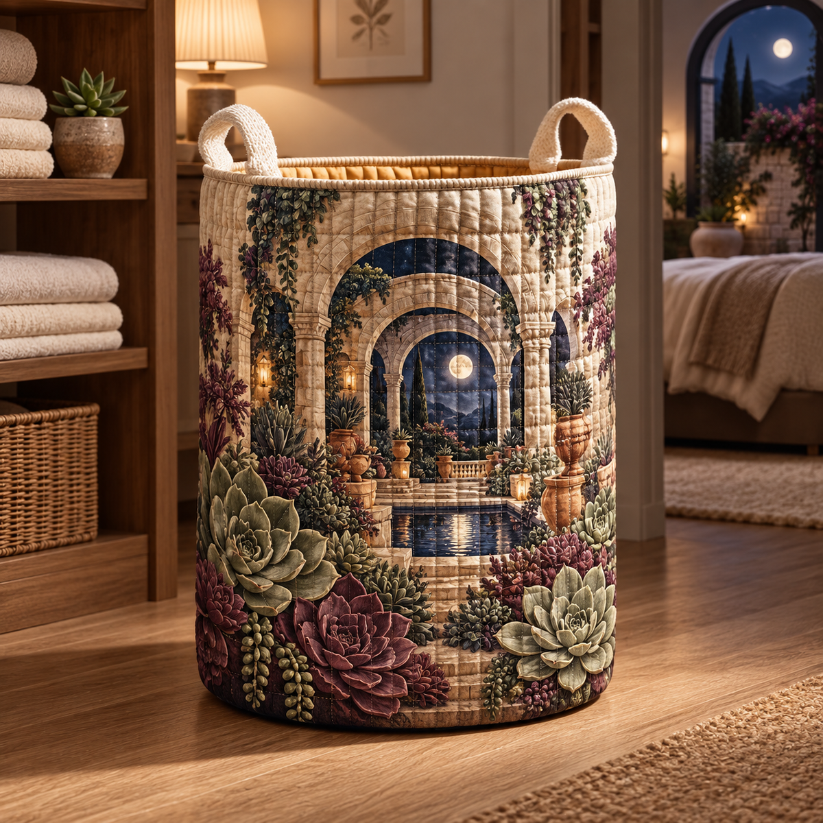 Succulent Moonlit Sanctuary Laundry Hamper with flat printed succulent moonlit sanctuary artwork