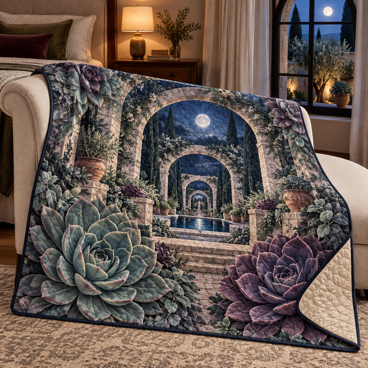 Succulent Moonlit Sanctuary Quilt Blanket with flat printed succulent moonlit sanctuary artwork