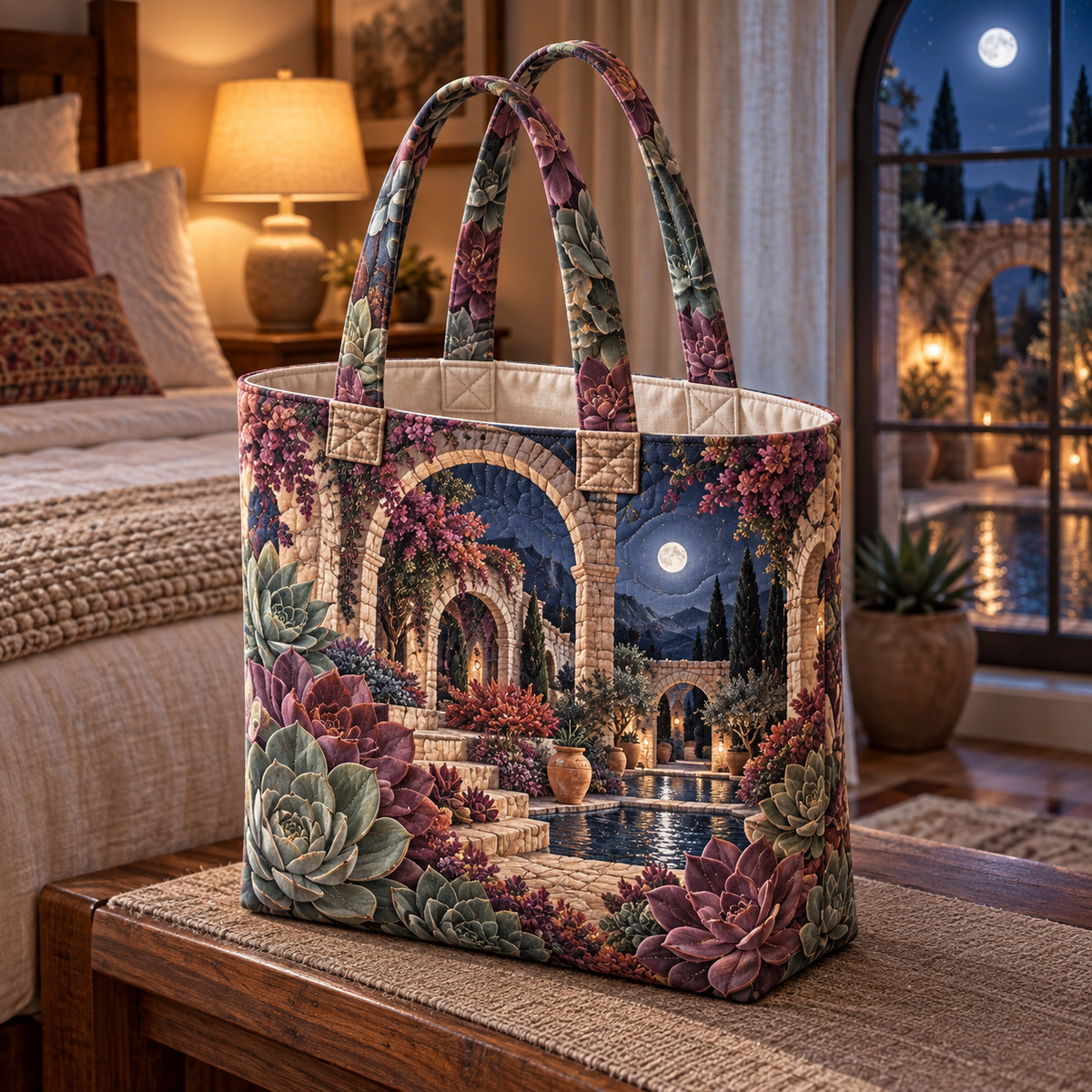 Succulent Moonlit Sanctuary Quilted Tote Bag with flat printed succulent moonlit sanctuary artwork