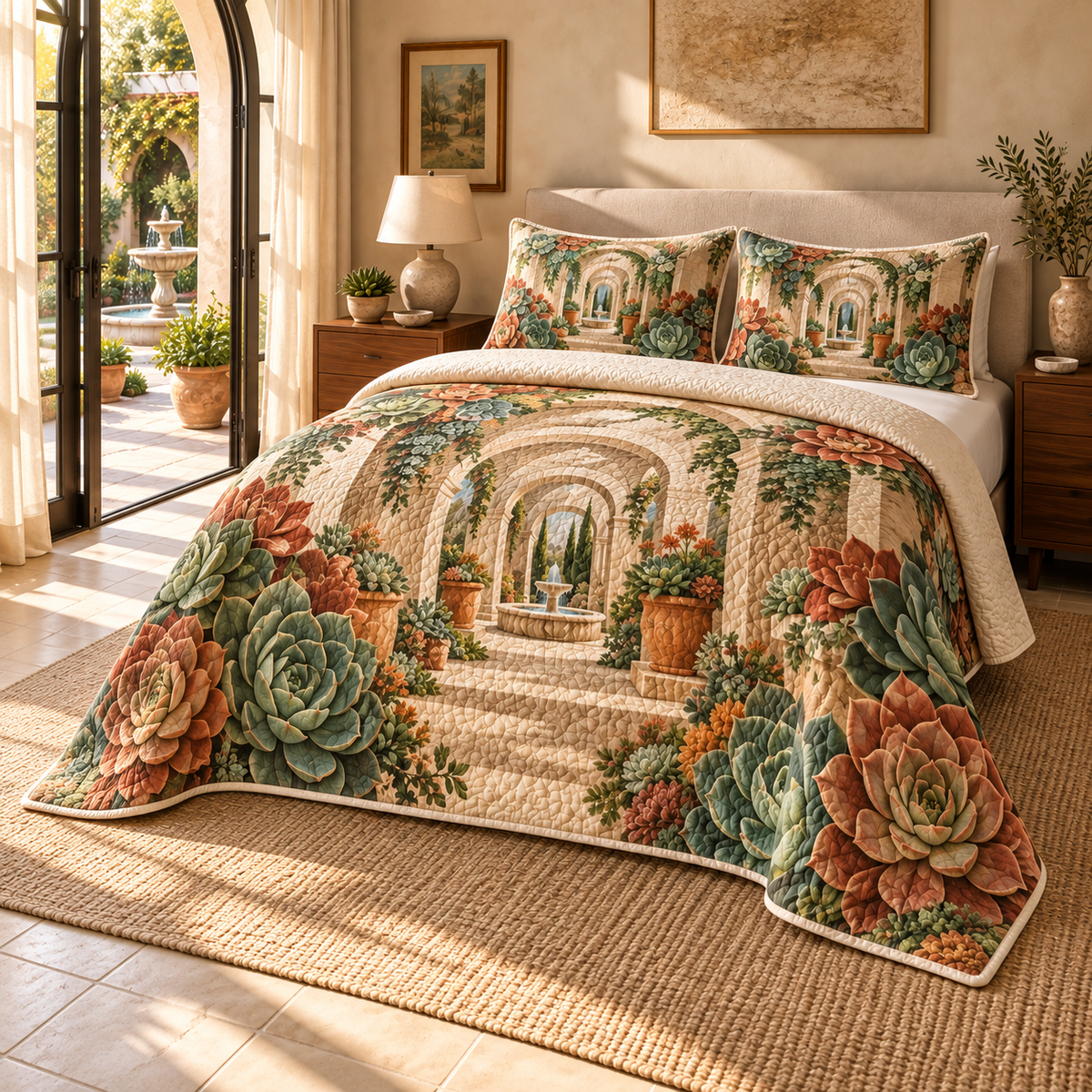 Succulent Sunlit Gallery Quilted Bedding Set with flat printed succulent sunlit gallery artwork