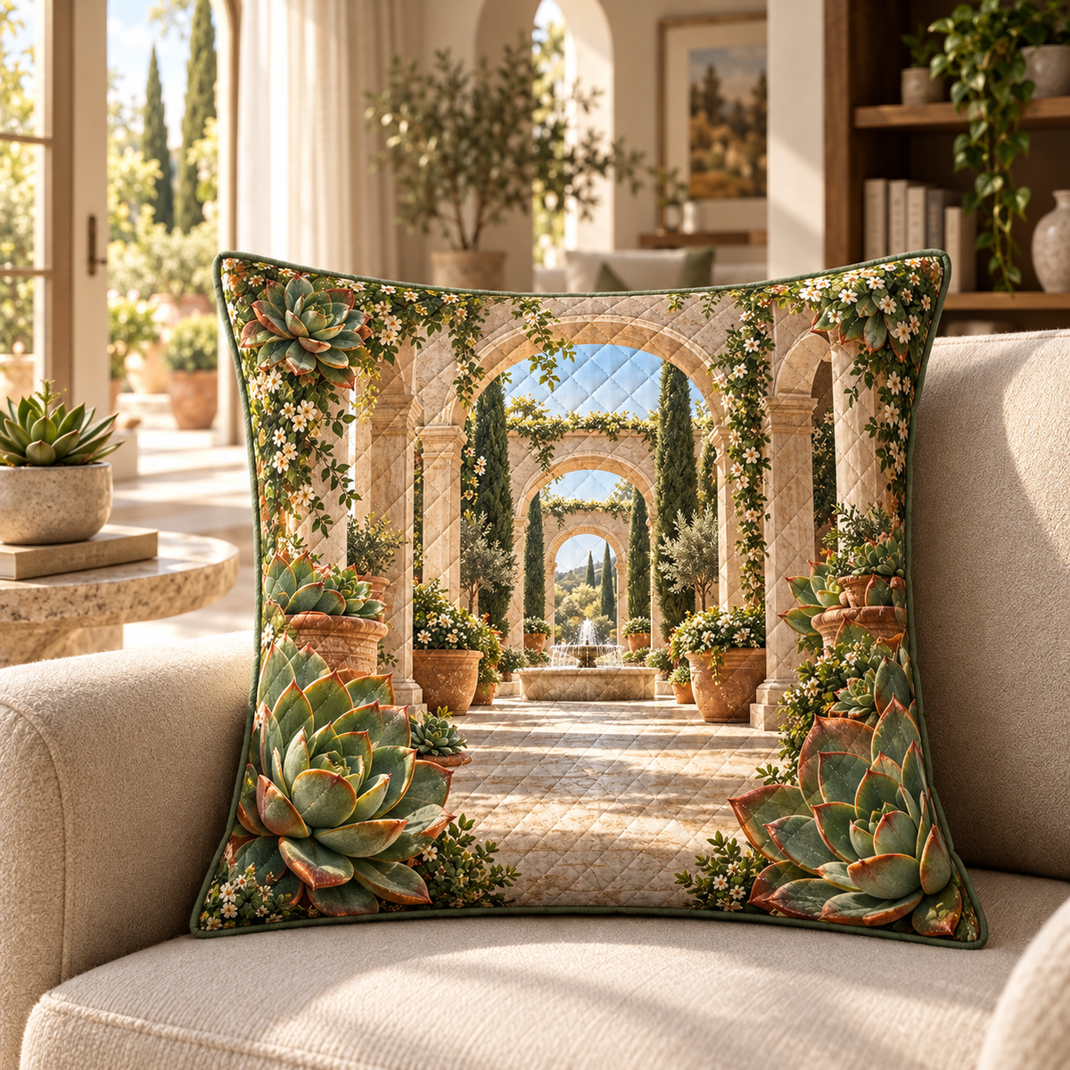 Succulent Sunlit Gallery Quilted Cushion Cover with flat printed succulent sunlit gallery artwork