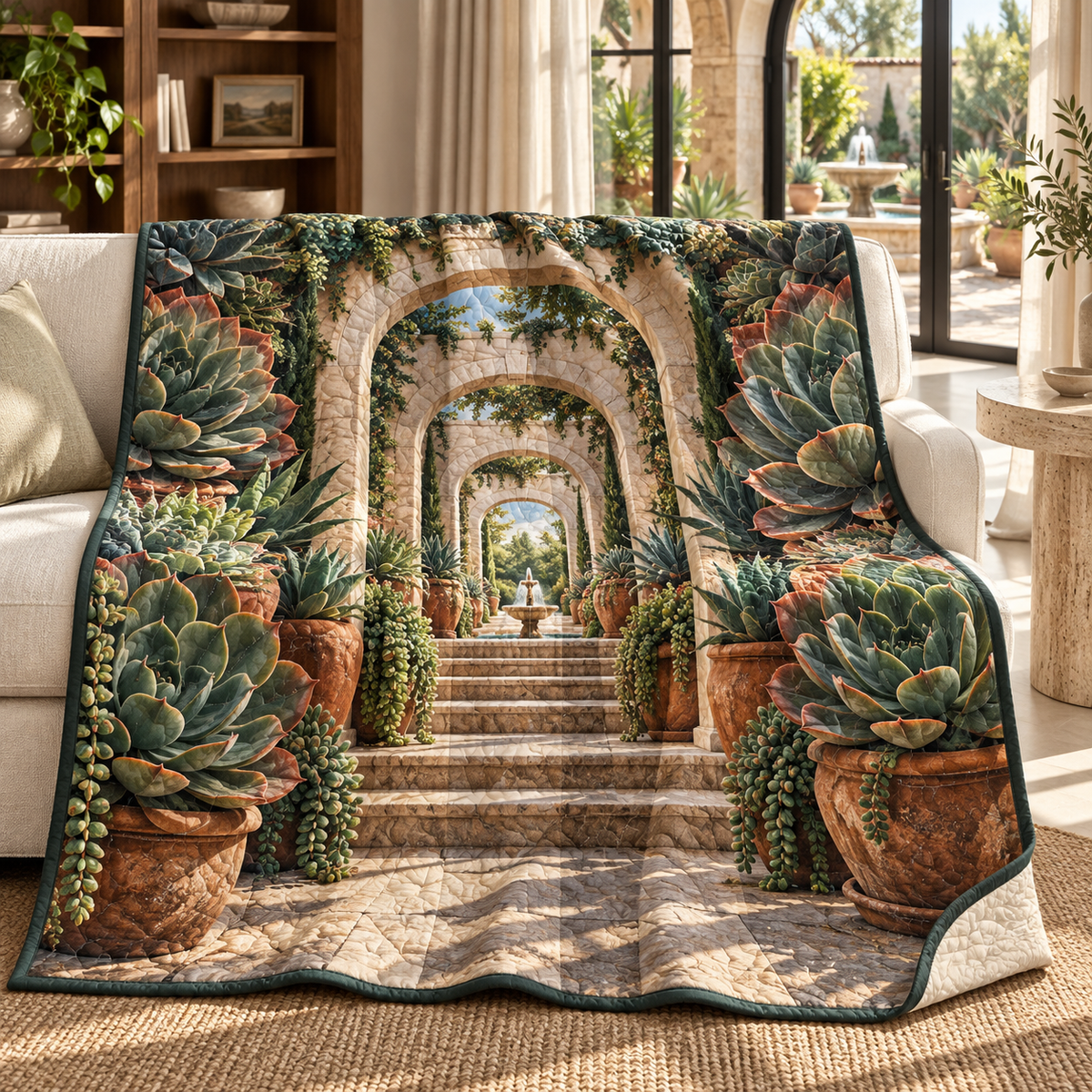 Succulent Sunlit Gallery Quilt Blanket with flat printed succulent sunlit gallery artwork