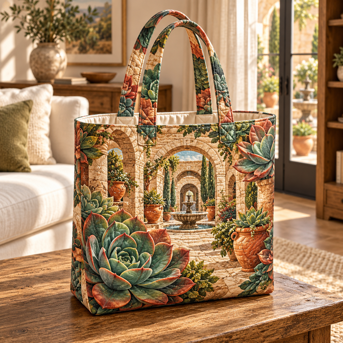 Succulent Sunlit Gallery Quilted Tote Bag with flat printed succulent sunlit gallery artwork