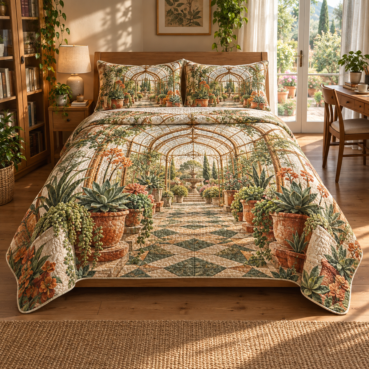 Succulent Glasshouse Study Quilted Bedding Set with flat printed succulent glasshouse study artwork