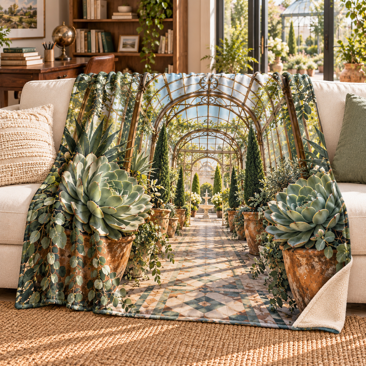 Succulent Glasshouse Study Sherpa & Fleece Blanket with flat printed succulent glasshouse study artwork