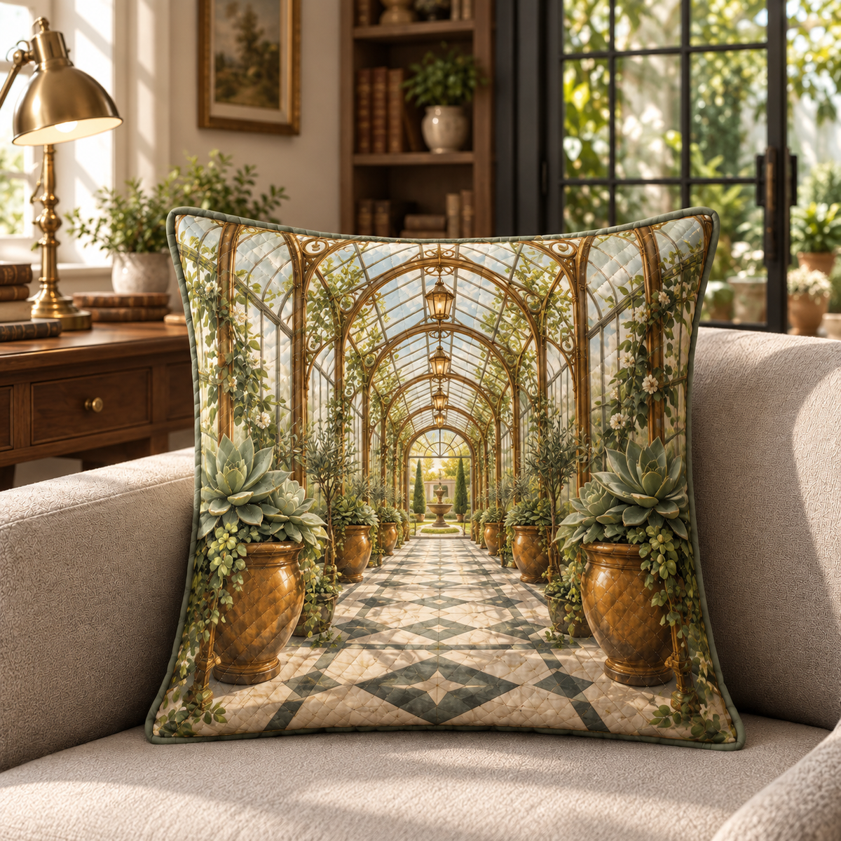 Succulent Glasshouse Study Quilted Cushion Cover with flat printed succulent glasshouse study artwork