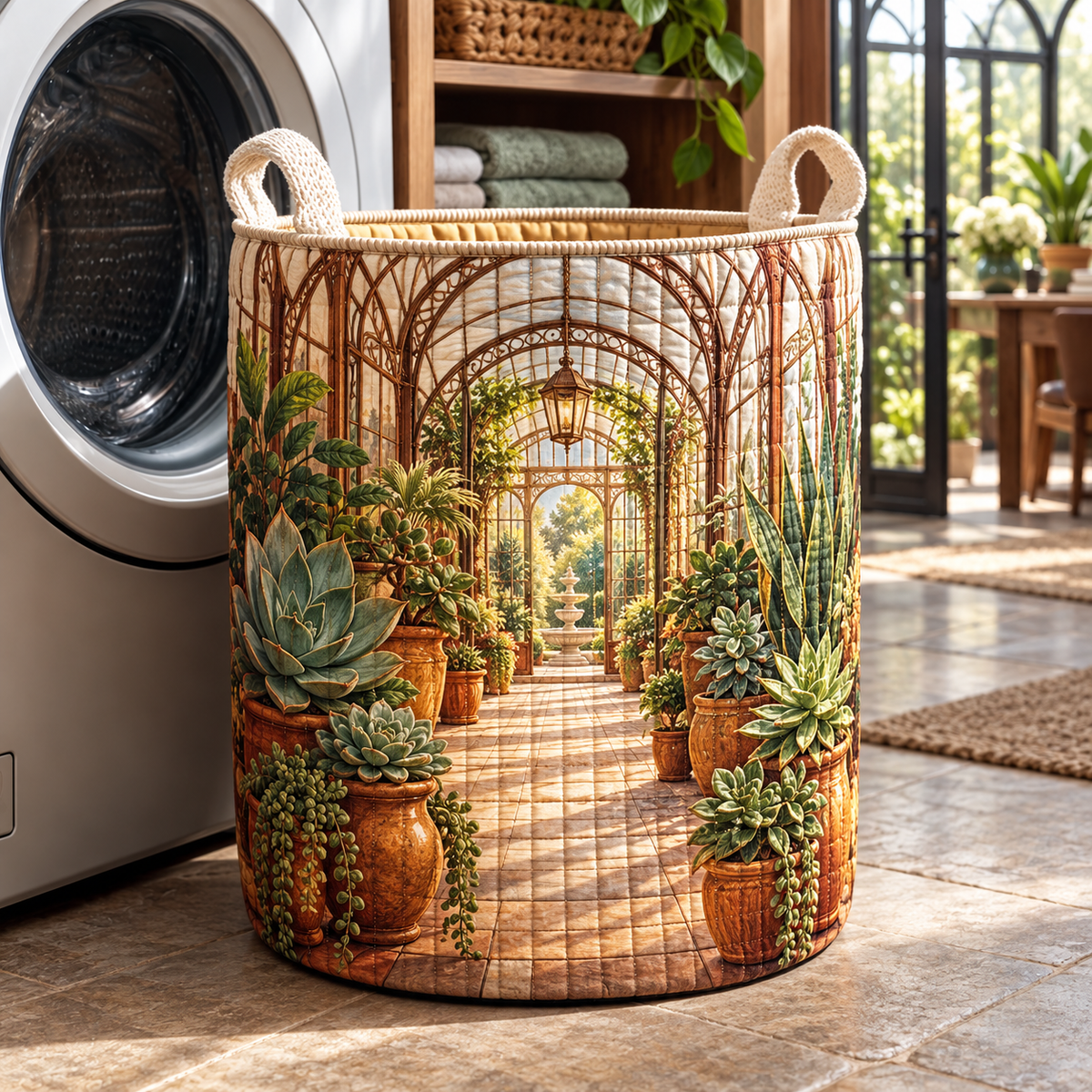 Succulent Glasshouse Study Laundry Hamper with flat printed succulent glasshouse study artwork
