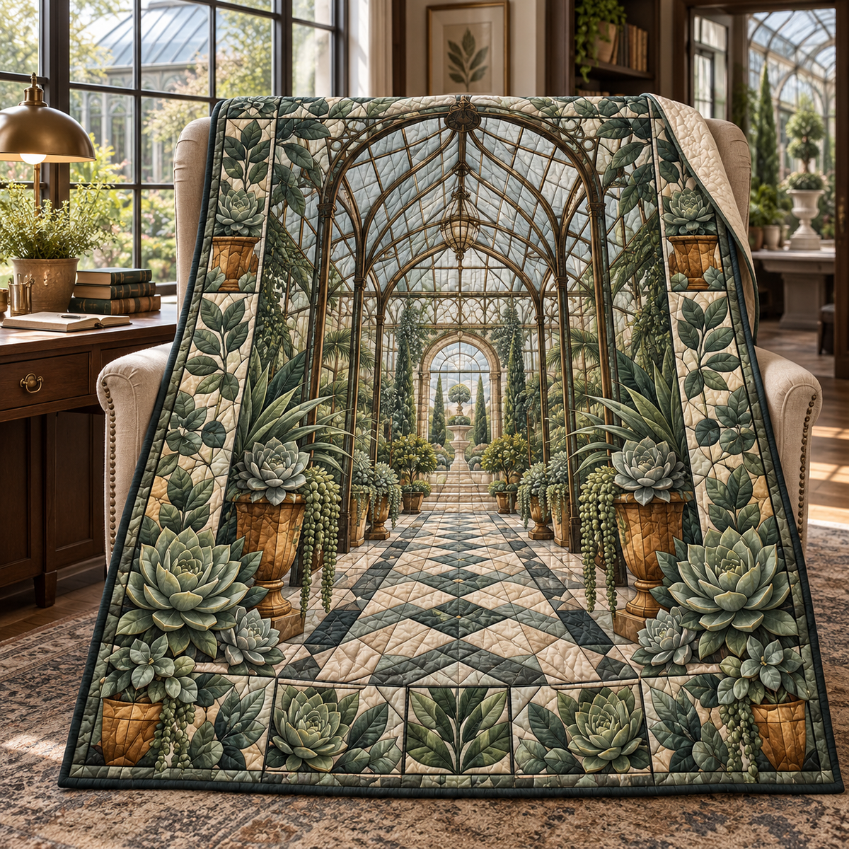 Succulent Glasshouse Study Quilt Blanket with flat printed succulent glasshouse study artwork