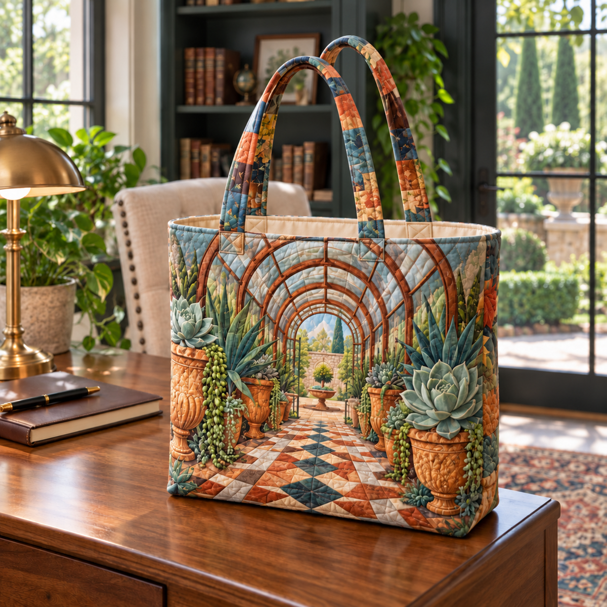 Succulent Glasshouse Study Quilted Tote Bag with flat printed succulent glasshouse study artwork