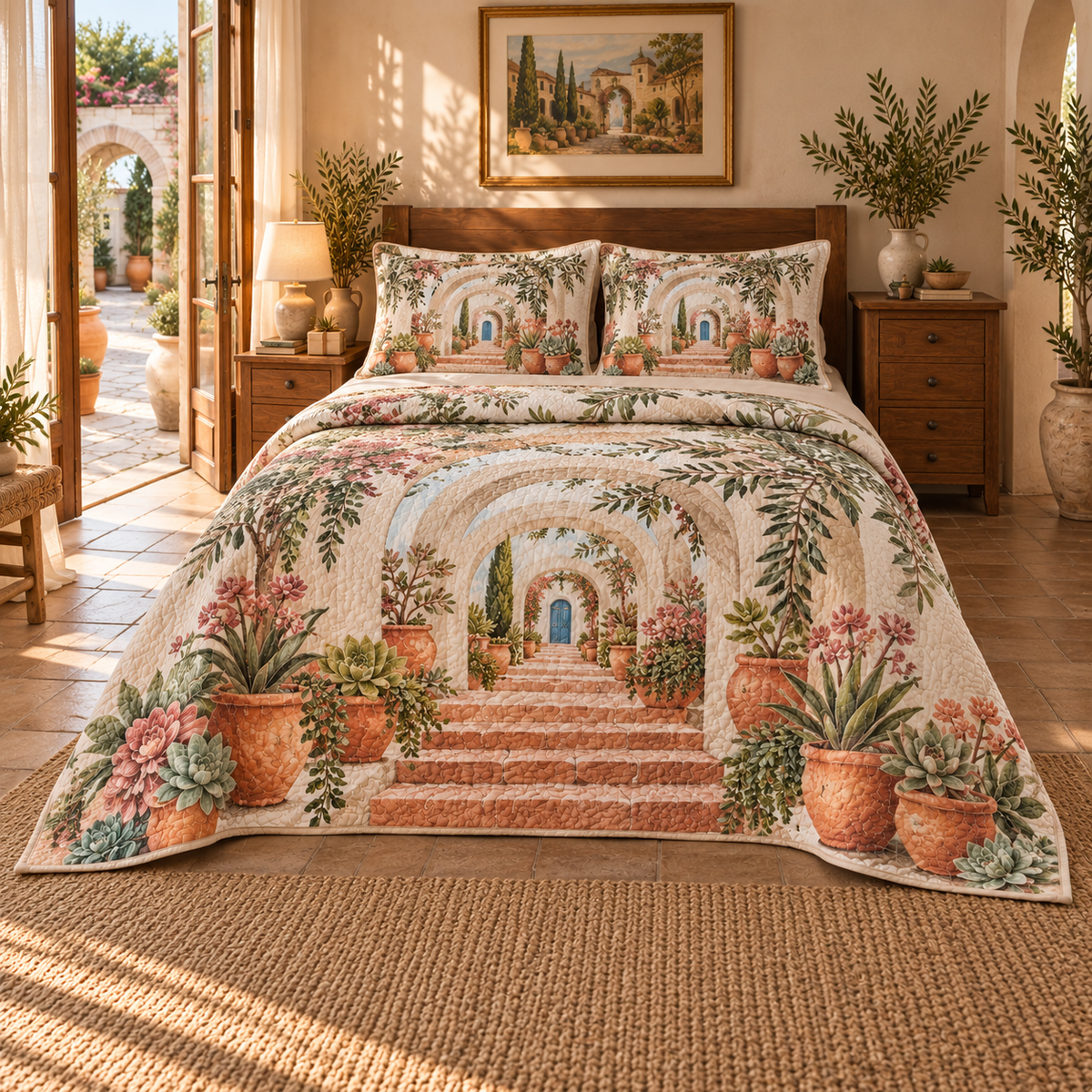 Succulent Welcome Courtyard Quilted Bedding Set with flat printed succulent welcome courtyard artwork