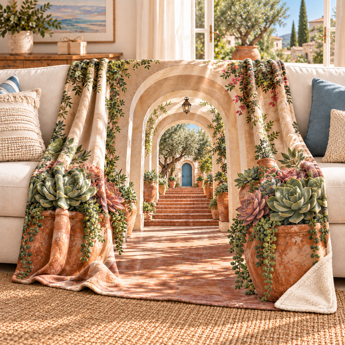 Succulent Welcome Courtyard Sherpa & Fleece Blanket with flat printed succulent welcome courtyard artwork