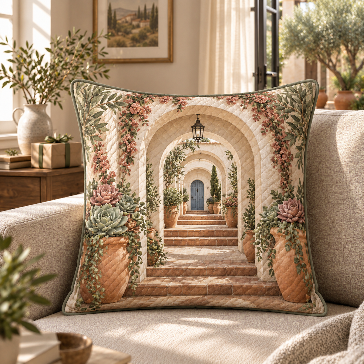 Succulent Welcome Courtyard Quilted Cushion Cover with flat printed succulent welcome courtyard artwork