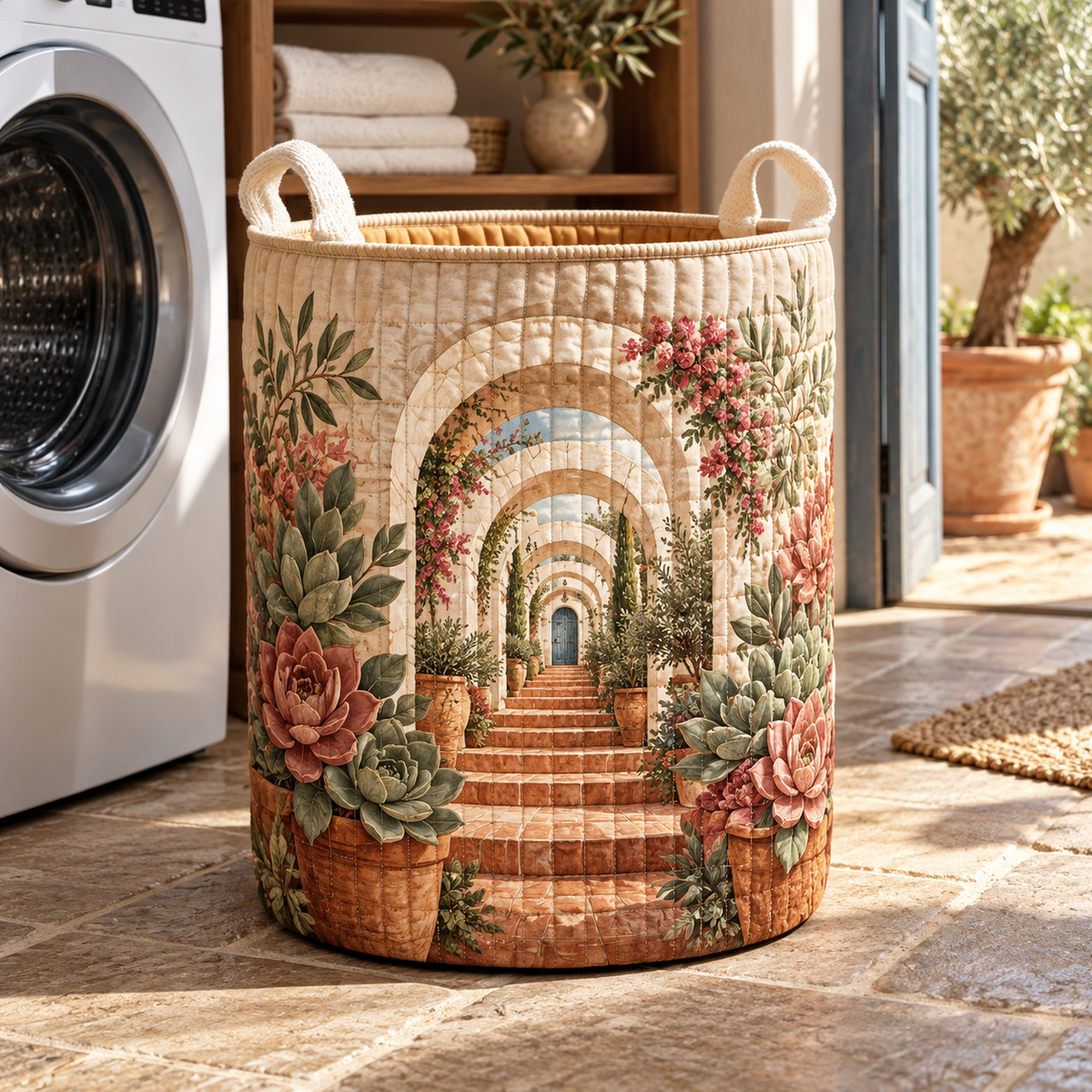 Succulent Welcome Courtyard Laundry Hamper with flat printed succulent welcome courtyard artwork