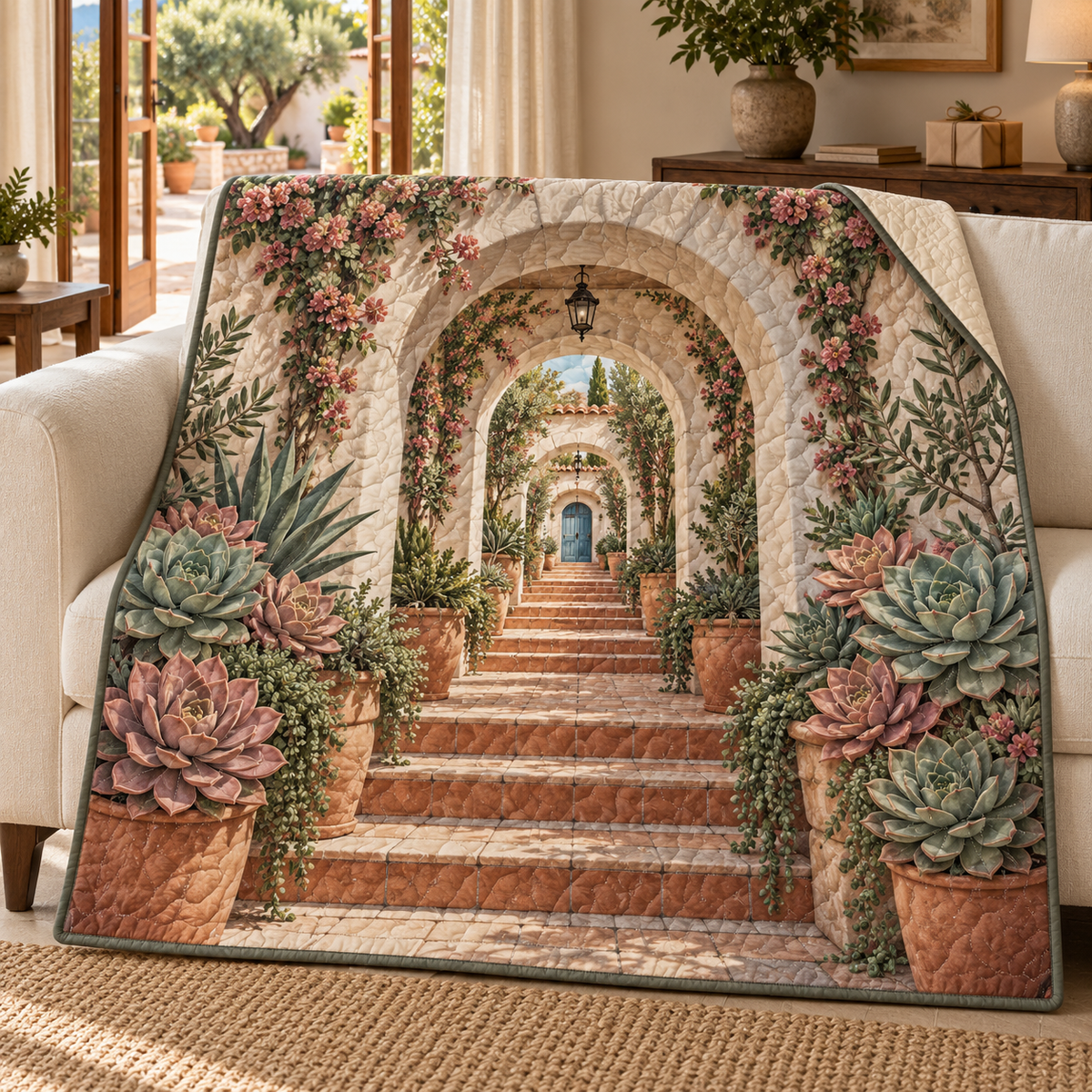 Succulent Welcome Courtyard Quilt Blanket with flat printed succulent welcome courtyard artwork