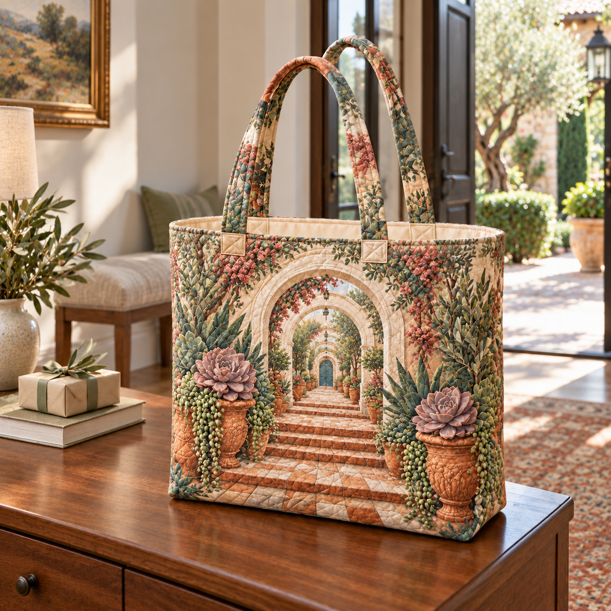 Succulent Welcome Courtyard Quilted Tote Bag with flat printed succulent welcome courtyard artwork