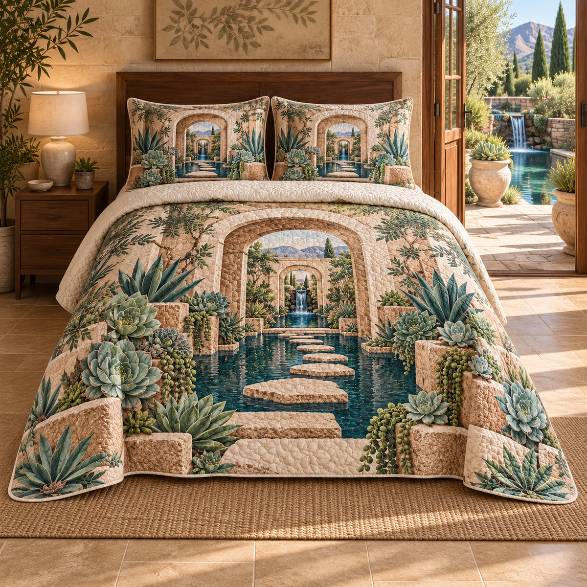 Succulent Stillwater Retreat Quilted Bedding Set with flat printed succulent stillwater retreat artwork