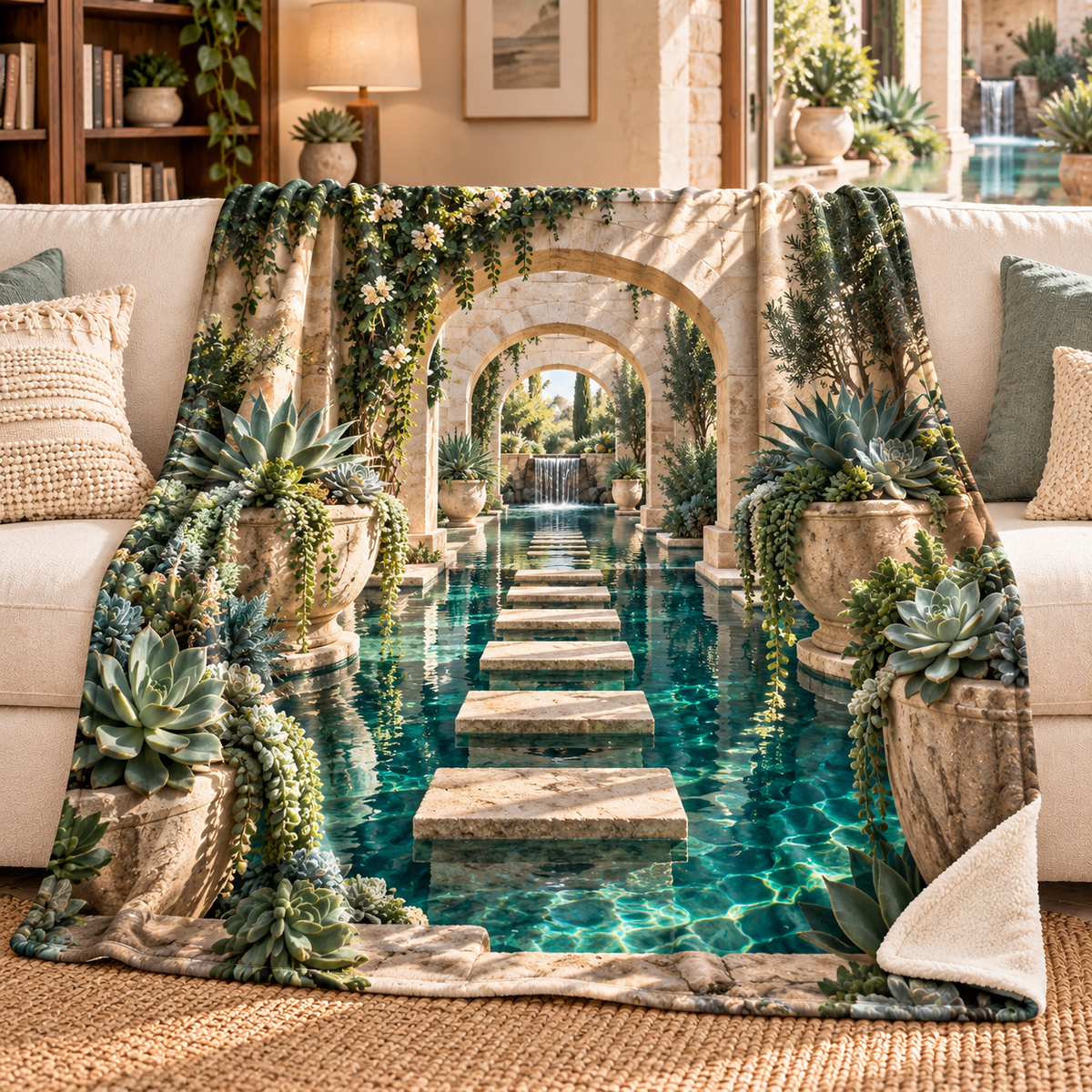 Succulent Stillwater Retreat Sherpa & Fleece Blanket with flat printed succulent stillwater retreat artwork