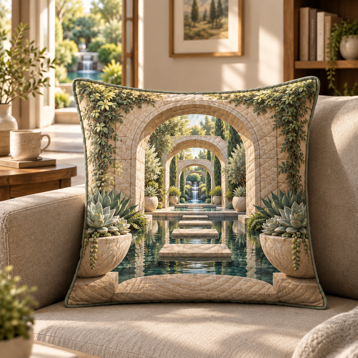 Succulent Stillwater Retreat Quilted Cushion Cover with flat printed succulent stillwater retreat artwork