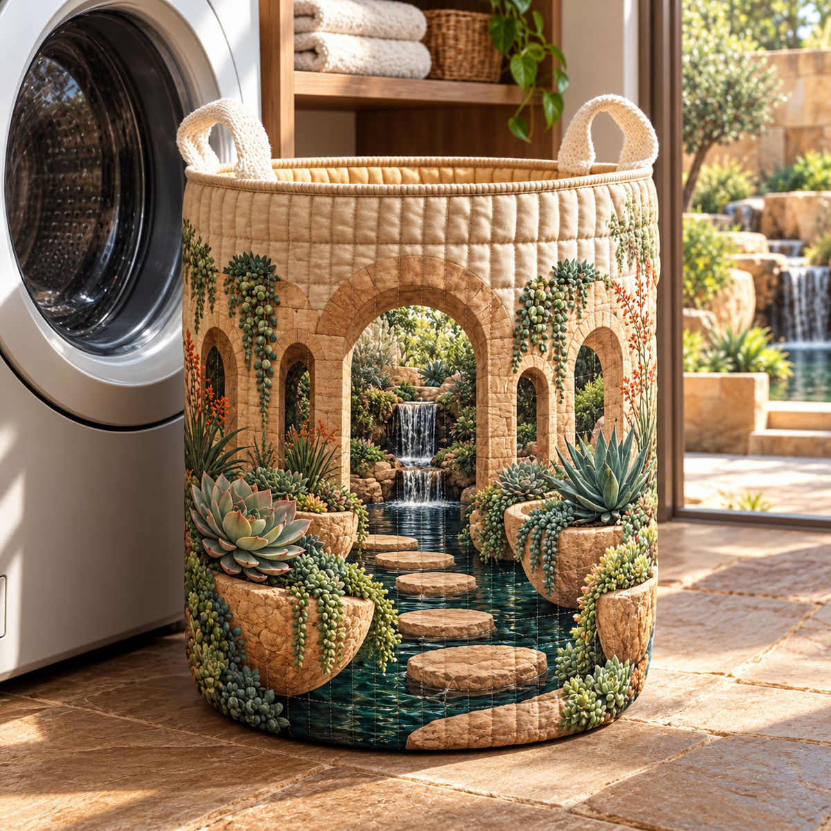 Succulent Stillwater Retreat Laundry Hamper with flat printed succulent stillwater retreat artwork