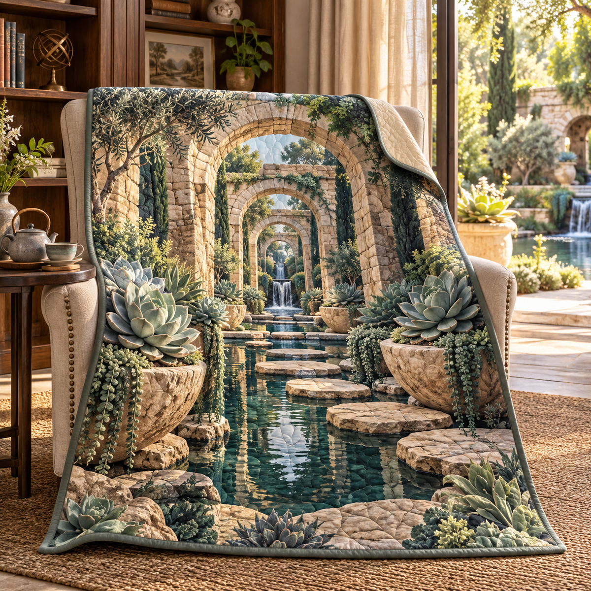 Succulent Stillwater Retreat Quilt Blanket with flat printed succulent stillwater retreat artwork