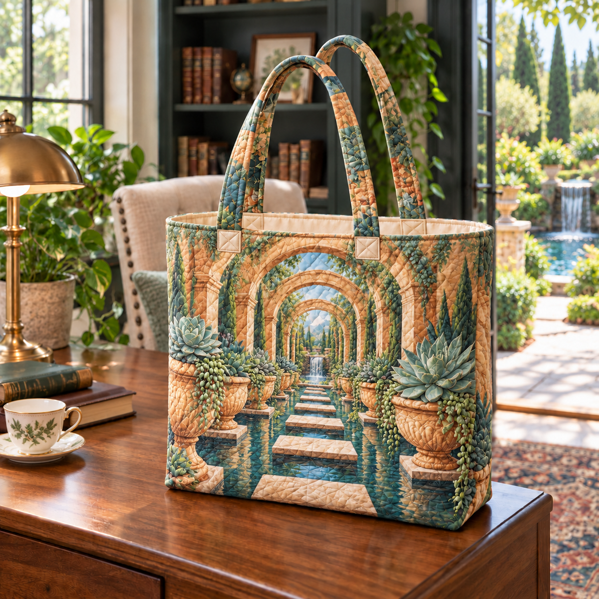 Succulent Stillwater Retreat Quilted Tote Bag with flat printed succulent stillwater retreat artwork