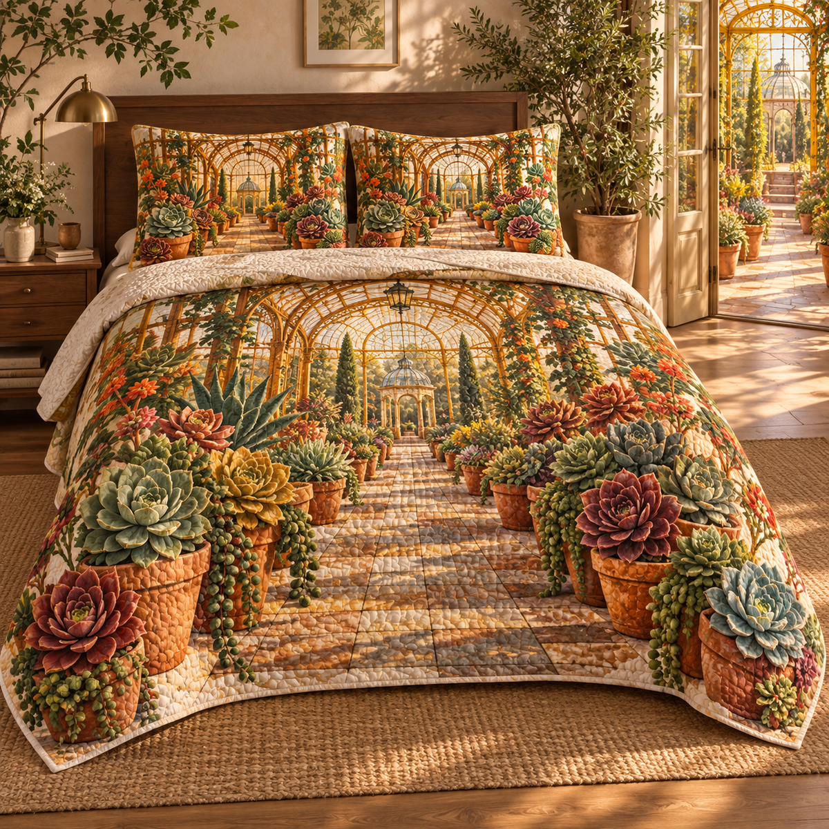 Succulent Amber Conservatory Quilted Bedding Set with flat printed succulent amber conservatory artwork