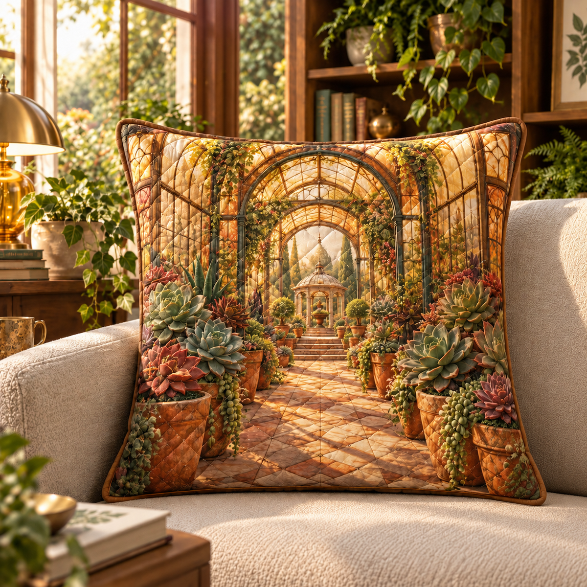 Succulent Amber Conservatory Quilted Cushion Cover with flat printed succulent amber conservatory artwork