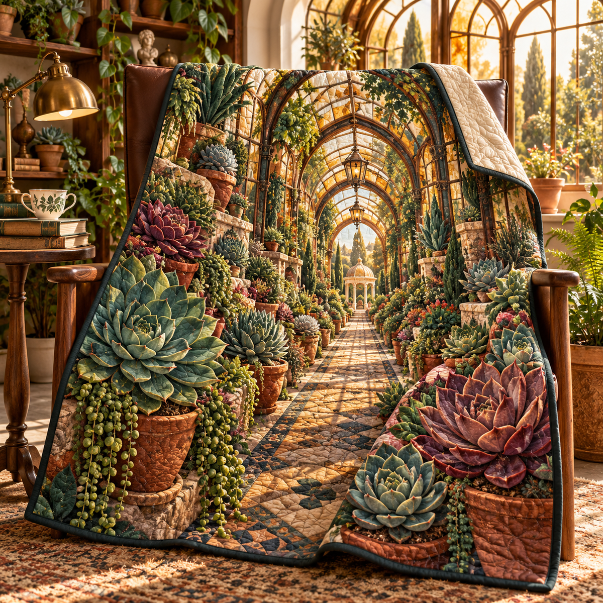 Succulent Amber Conservatory Quilt Blanket with flat printed succulent amber conservatory artwork