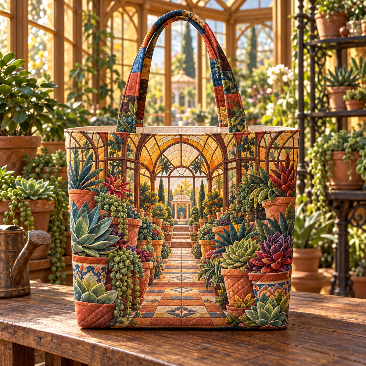 Succulent Amber Conservatory Quilted Tote Bag with flat printed succulent amber conservatory artwork
