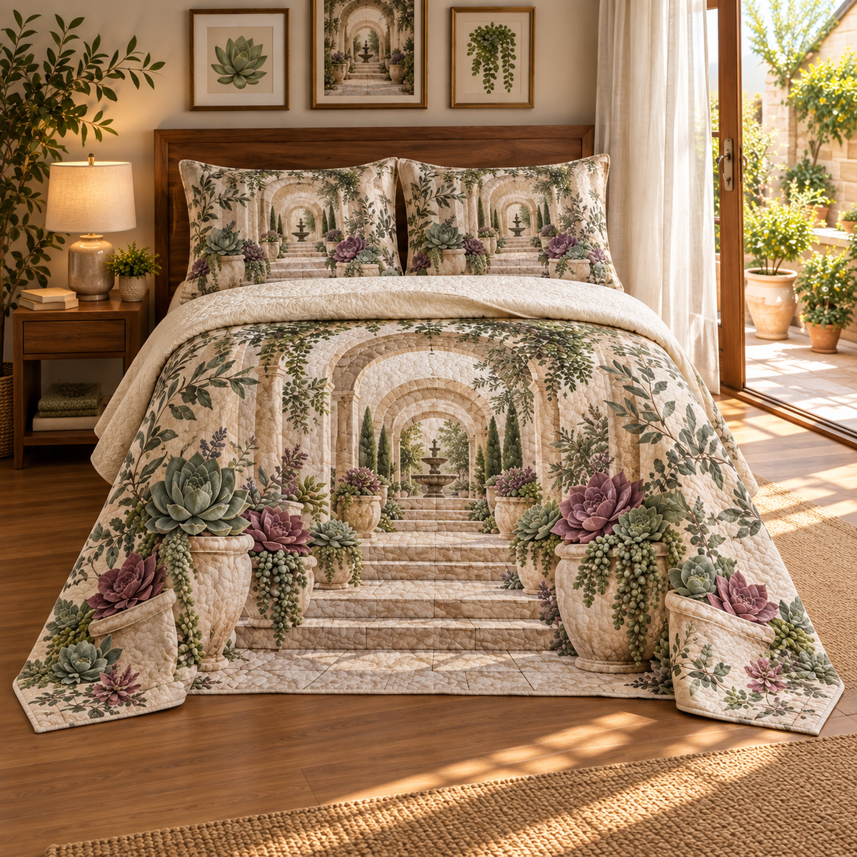 Succulent Gallery Atrium Quilted Bedding Set with flat printed succulent gallery atrium artwork