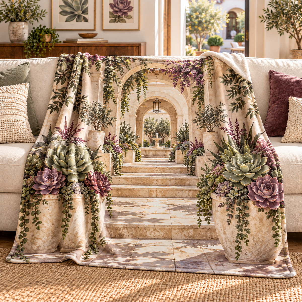 Succulent Gallery Atrium Sherpa & Fleece Blanket with flat printed succulent gallery atrium artwork