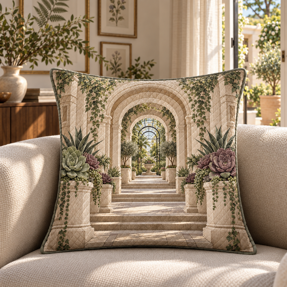 Succulent Gallery Atrium Quilted Cushion Cover with flat printed succulent gallery atrium artwork