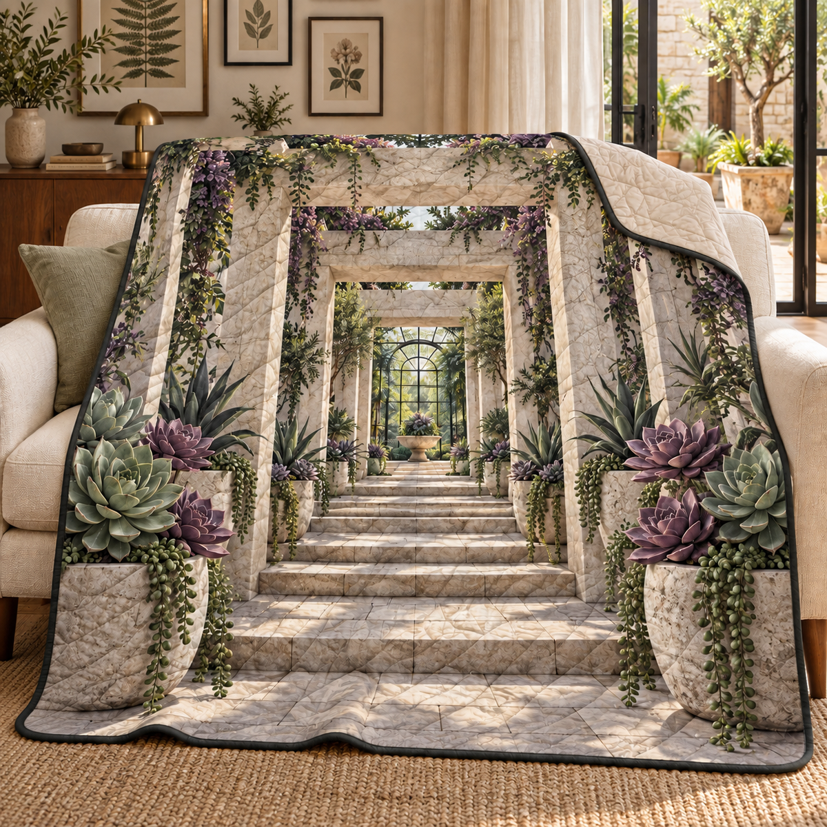 Succulent Gallery Atrium Quilt Blanket with flat printed succulent gallery atrium artwork