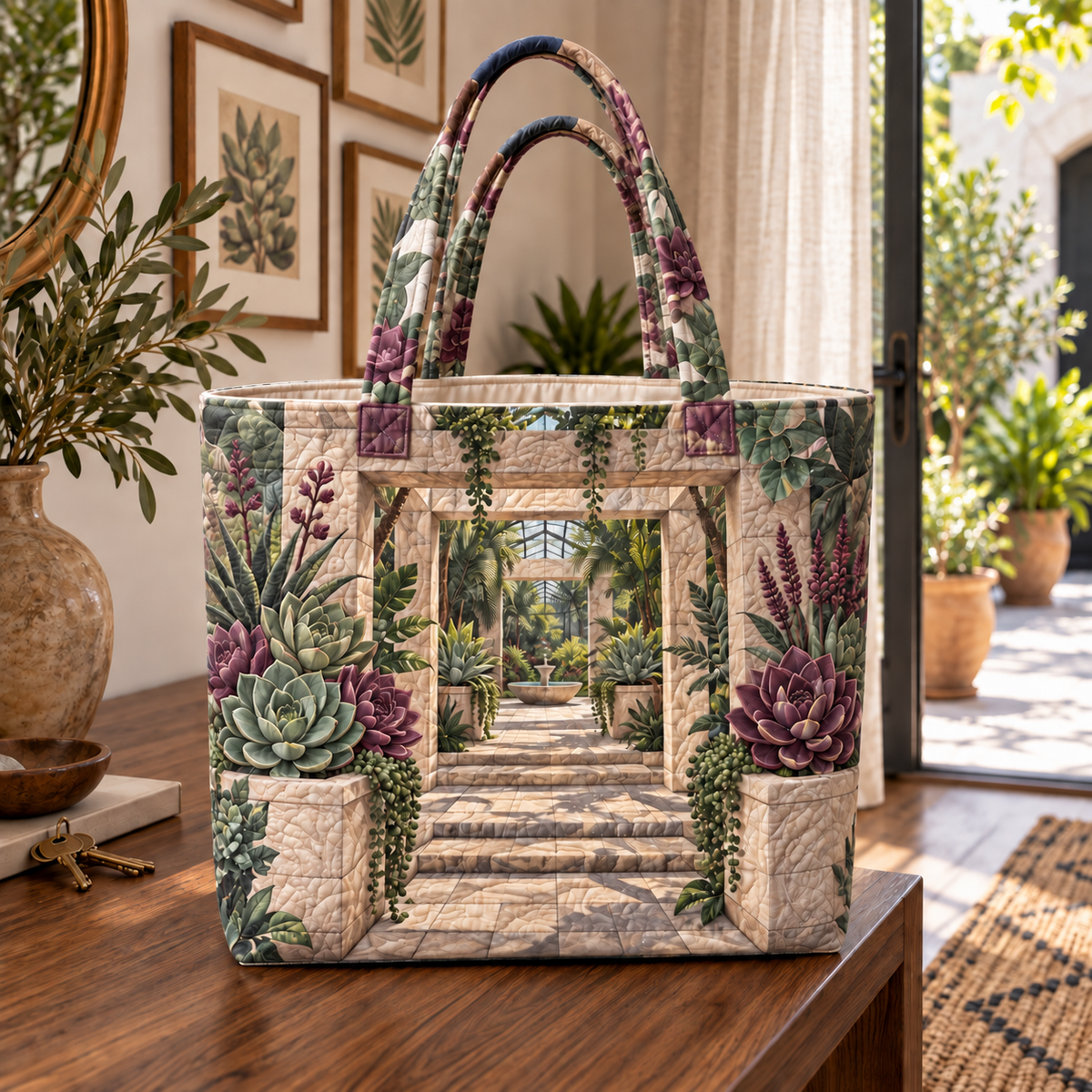 Succulent Gallery Atrium Quilted Tote Bag with flat printed succulent gallery atrium artwork