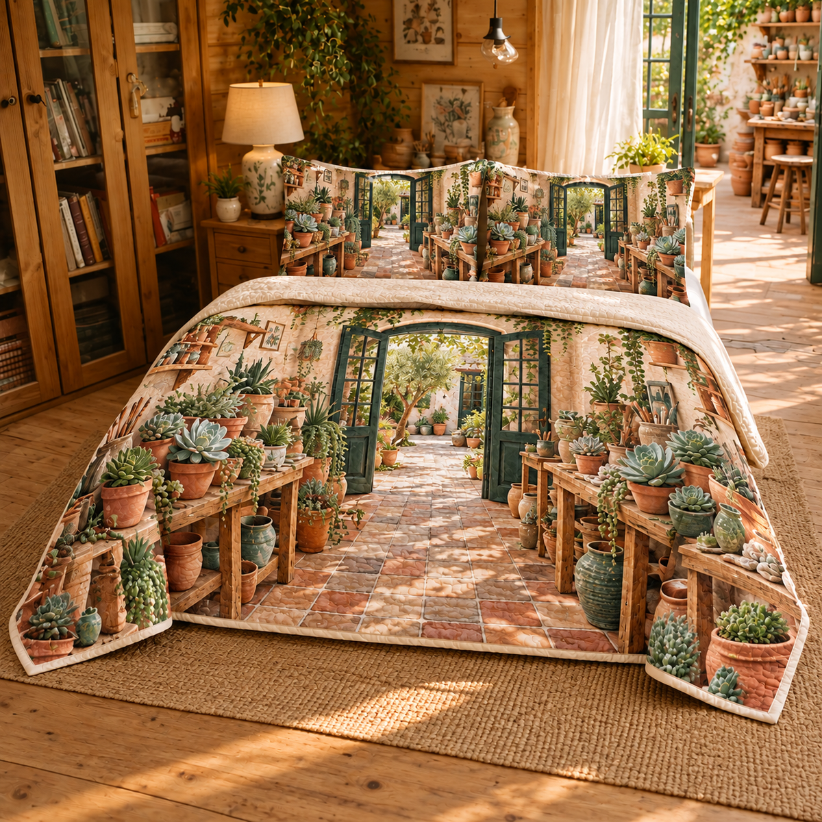 Succulent Pottery Studio Quilted Bedding Set with flat printed succulent pottery studio artwork