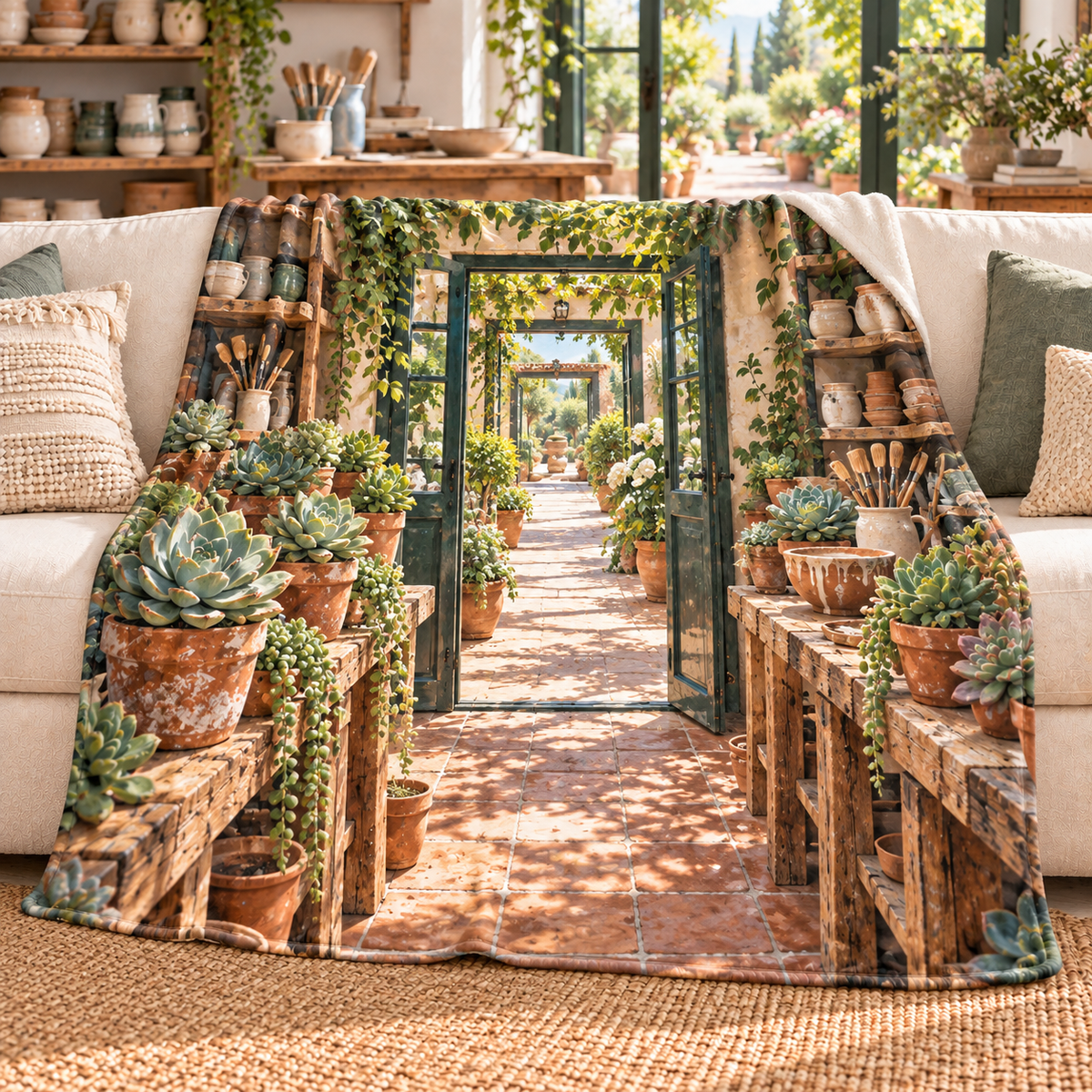 Succulent Pottery Studio Sherpa & Fleece Blanket with flat printed succulent pottery studio artwork