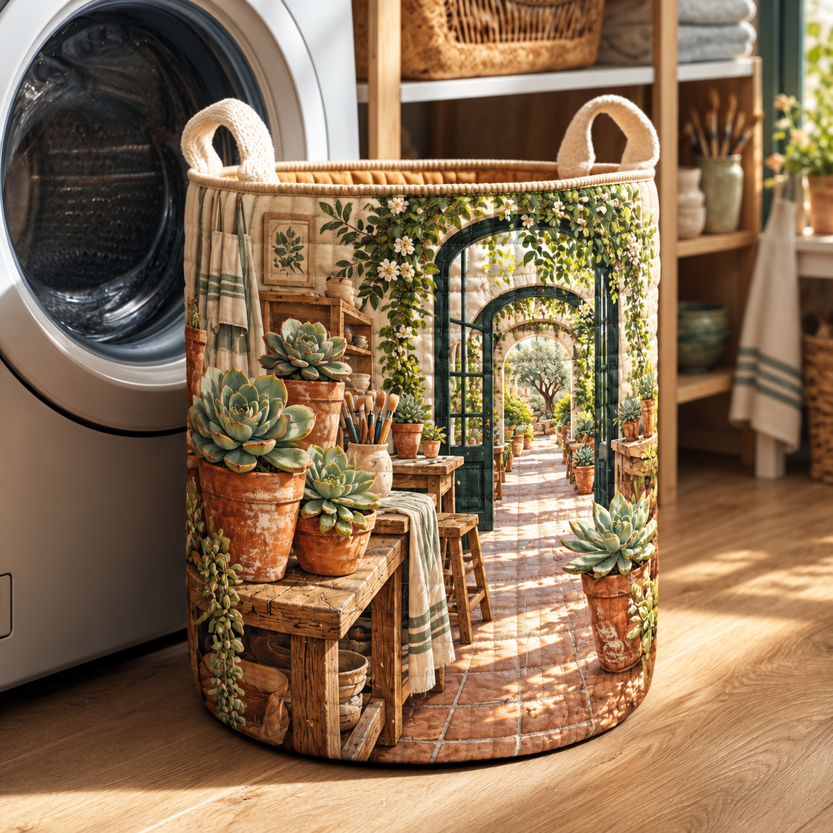 Succulent Pottery Studio Laundry Hamper with flat printed succulent pottery studio artwork